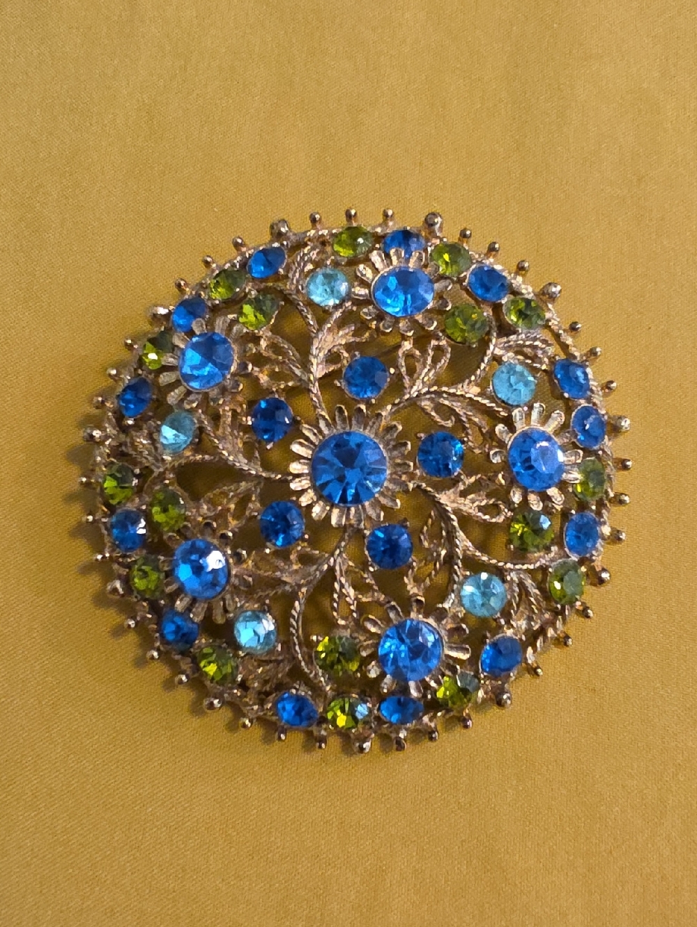 Vintage Blue & Green Rhinestone Round Brooch - Likely Mid 20th Century